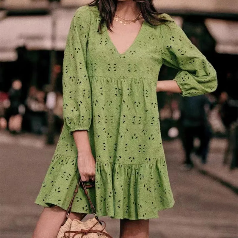 Hollow out Women's Green Embroidery Mini  Dress 2022 new Loose V-neck Puff Sleeve Ladies Short Robe