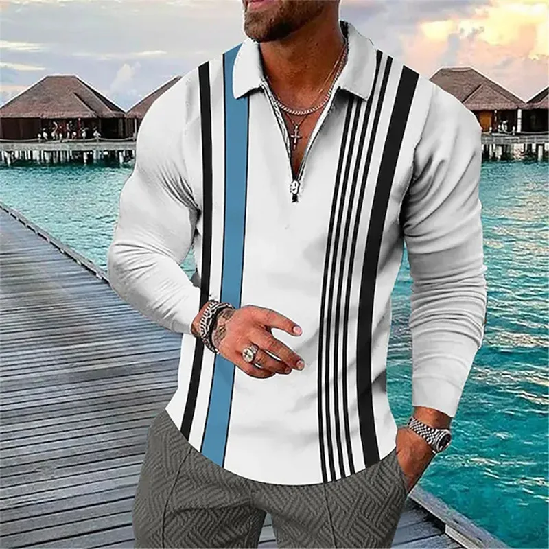 

Autumn Fashion Casual Long Sleeve +Short Sleeve Stripe Splicing Printed Polo Shirt for Men High Street Top