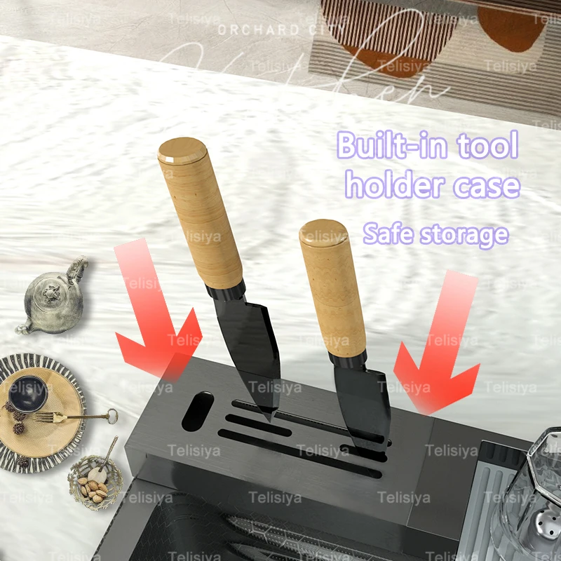 Кухонная раковина из нержавеющей стали с водопадом и держателем для ножей