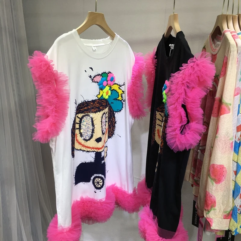 Cartoon Sequins Beading Women Tshirts 2023 New Summer Loose Oversize Top Ruffles Mesh Splicing Mid-long Casual Cotton T Dress