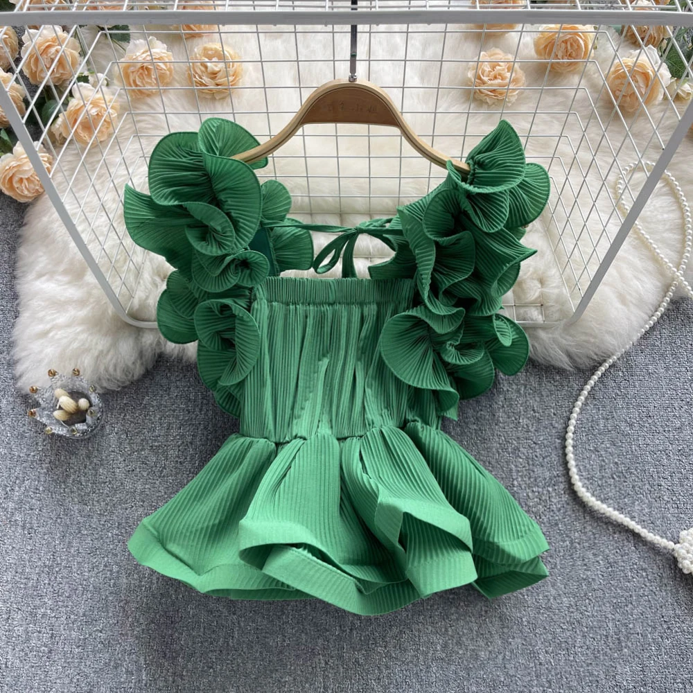 

Women's Clothing Summer 2022 Ruffle Halter Tank Top Women's Sexy Outer Wearing Sweet Tunic Skirt Solid Color Blouse Top Women