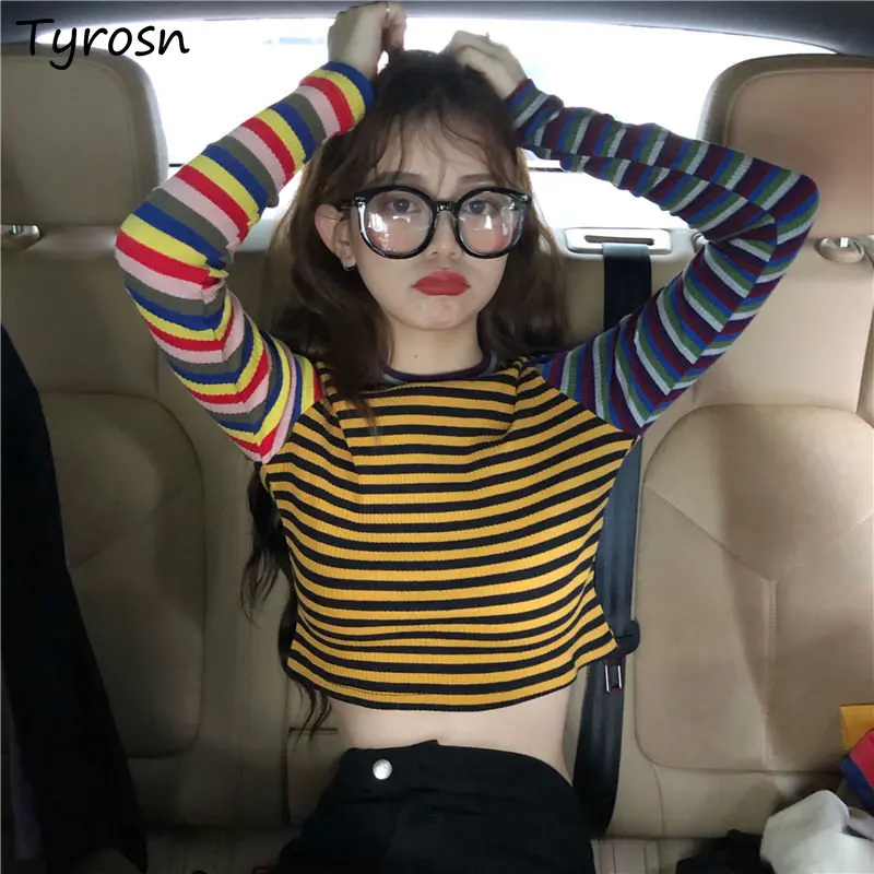 

T-shirts Women Spliced Creativity Slim Sexy Striped Retro All-match Crop Sweet Personality Korean Style Students Spring Knitting