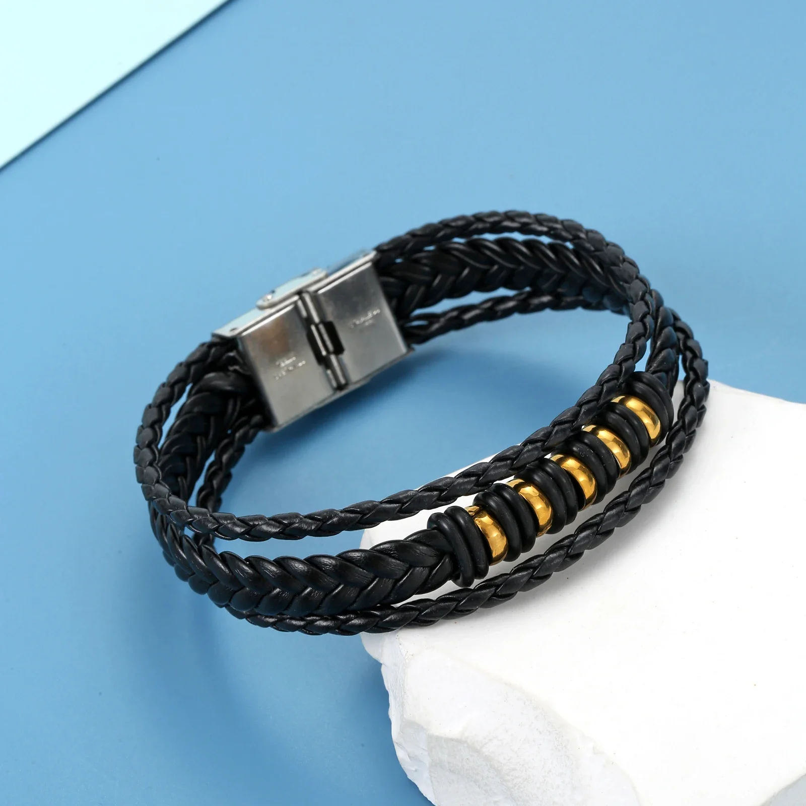 

2023 Charm Jewelry Stainless Steel Leather Beads Bracelet Men Vintage Cuff Leather Bracelet Pulsera Hombre