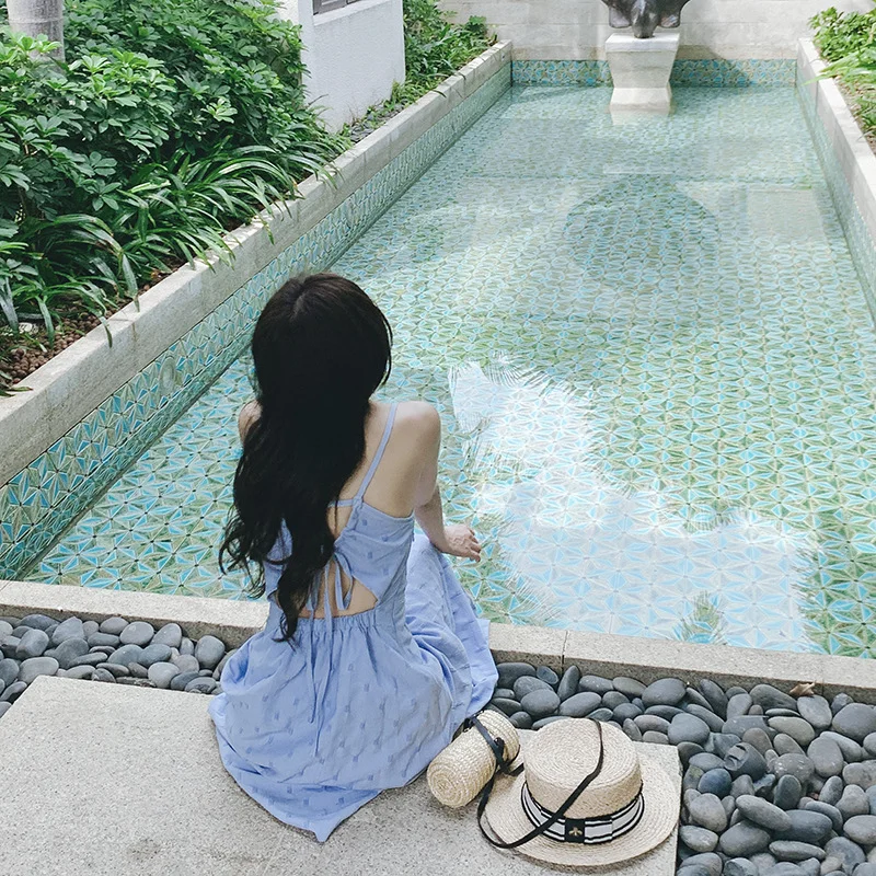 

Hemp feeling vacation blue dress for women with seaside back lace up loose A-line drawstring long dress