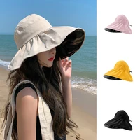 summer new women bucket hat uv protection sun hats solid color soft foldable wide brim outdoor beach panama cap ponytail caps