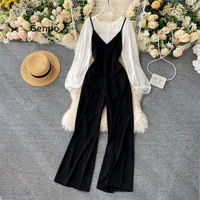casual suits womens 2022 new womens bottoming shirts tops all match suspenders jumpsuits fashionable two piece set