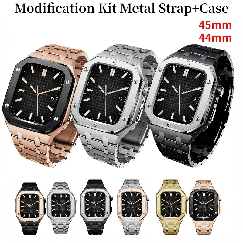 Modification Kit Metal Strap+Case For Apple Watch Band 45mm 44mm Retrofit Bracelet Wristband Belt For iWatch Series 8 7 6 5 4 SE