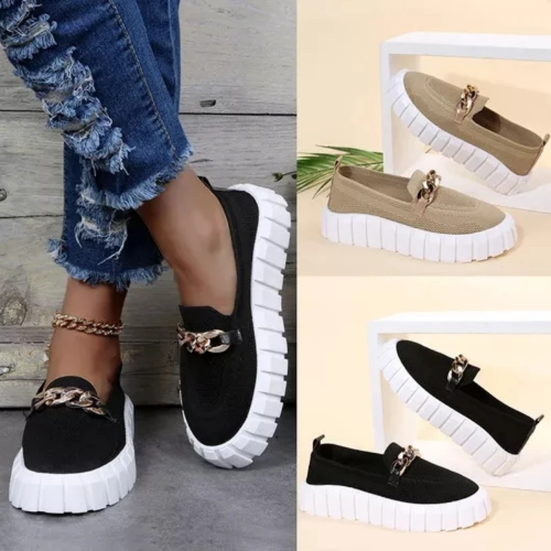 

2022 New Women's Shoes Fashion Flat Heels Thick Bottom Solid Color Breathable Slip-on Metal Personality Casual Loafers KE819