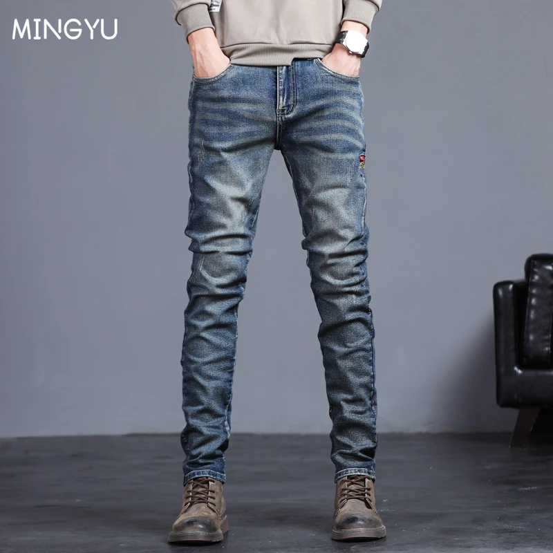 

2022 New Spring Autumn Men's Jeans Vintage Blue Solid Color Elastic Classic Jeans Men Slim Fashion Denim Trousers Male 27-36