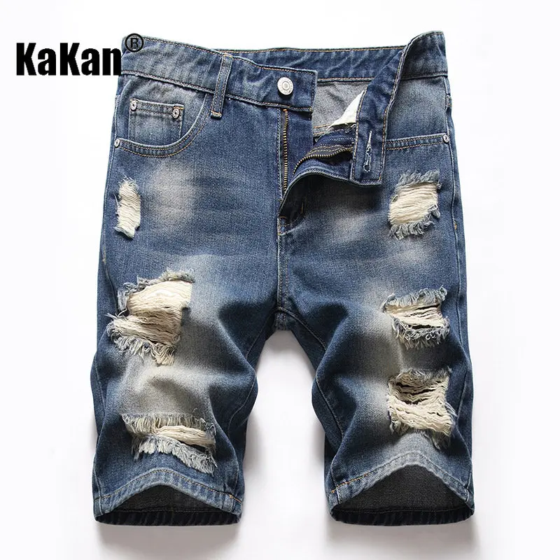 Kakan - European and American Summer New Retro Distressed Denim Shorts for Men, Made of Old Washed Casual Jeans K36-793