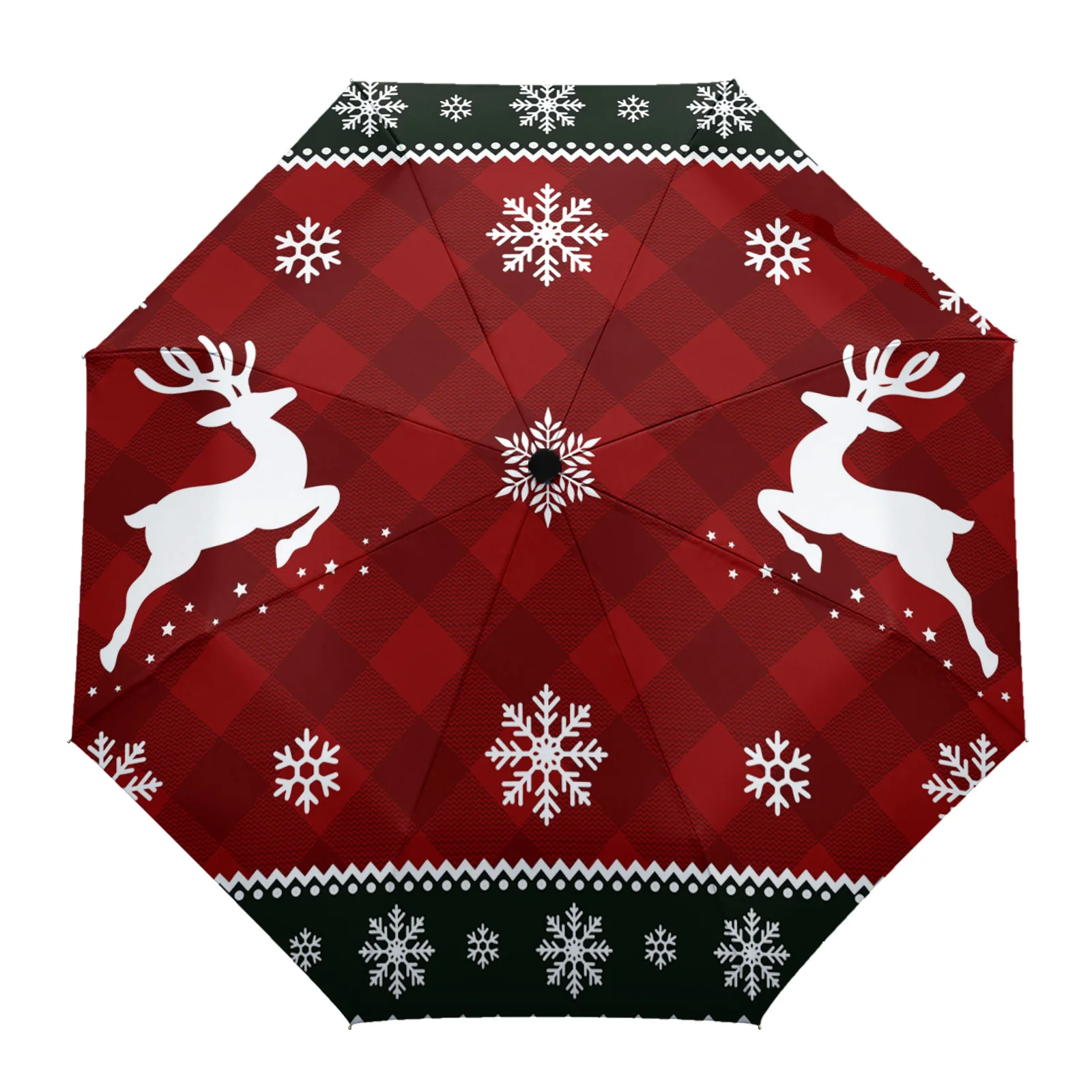 

Christmas Snowflakes Elk Red Plaid Sunshade Parasol Umbrella Fully-automatic Eight Strands Foldable Rain Umbrella for Women Kids