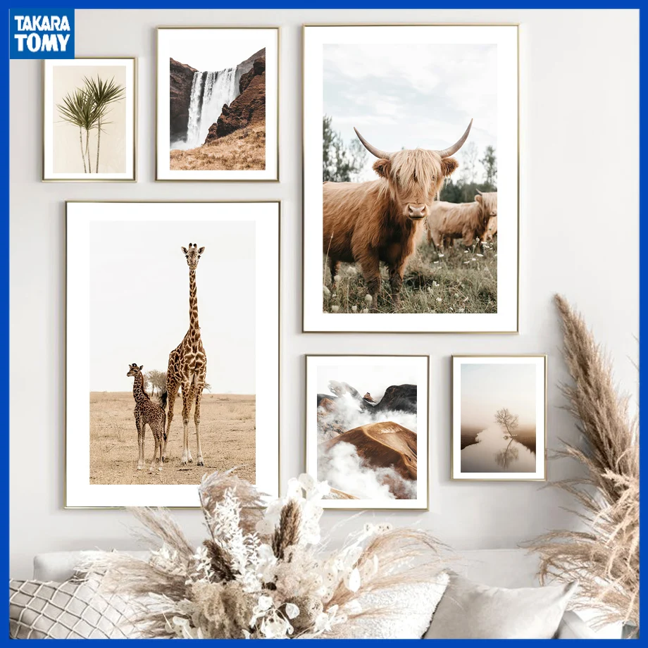 Северный постер с изображением жирафа крупного рогатого скота горного водопада