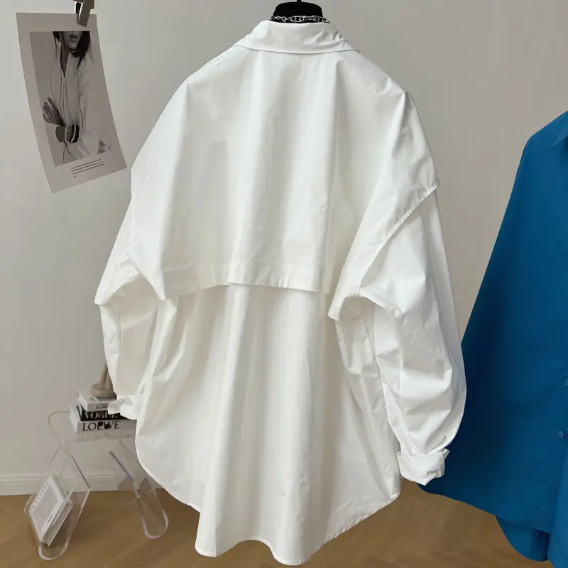 Женская рубашка с отложным воротником голубая Свободная блузка длинным рукавом