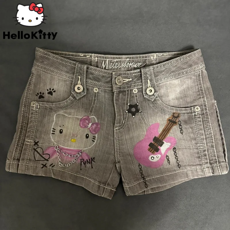 

Популярные женские джинсовые шорты Sanrio, Hello Kitty Y2k с эффектом потертости, милые брюки с заниженной талией, модные короткие джинсы в Корейском ...