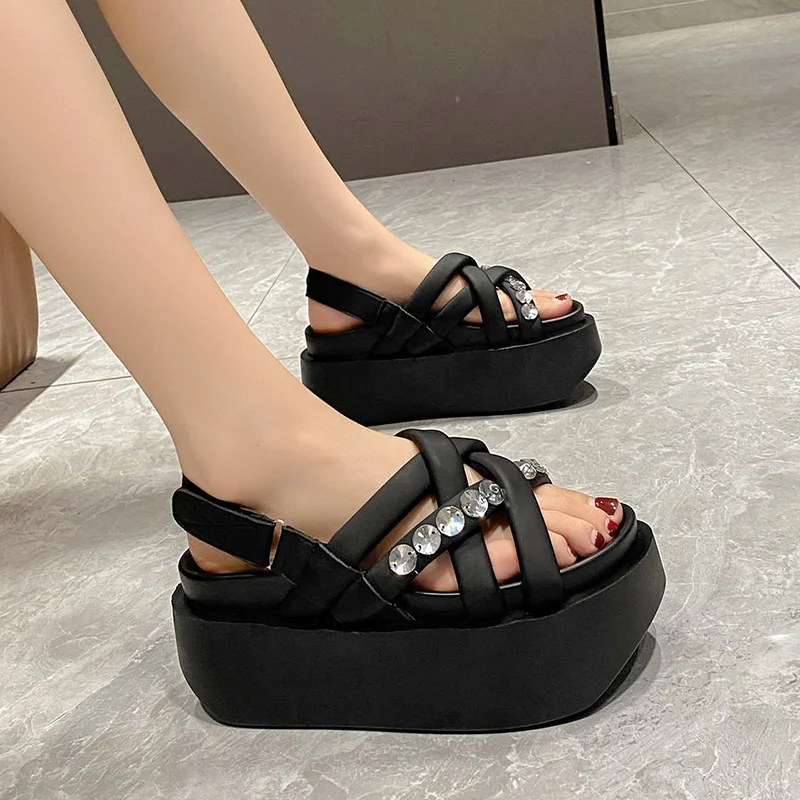 

Сандалии женские на платформе 8 см, роскошные элегантные босоножки на плоской подошве, со стразами, дизайнерская обувь для девушек, лето