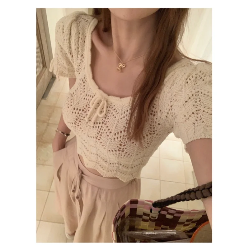 

YUQI 2023 летний абрикосовый с коротким рукавом, женская модель Y2k, офисные женские сексуальные футболки с вырезами Y2k, Женская Повседневная футболка