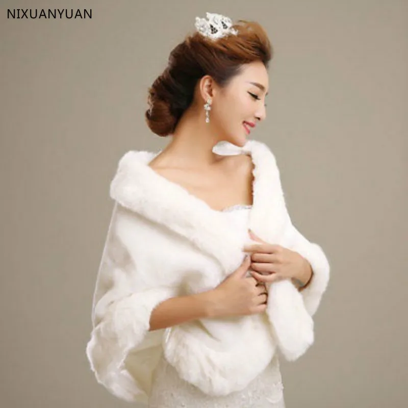 Womens Ladies Wedding Shawl Faux Fur Cashmere Bride Cape Winter Shrug Bolero White