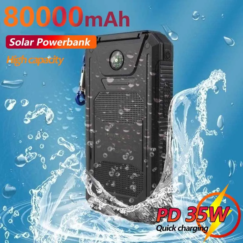

80000mAh Solar Power Bank Portable Waterproof External Battery with SOS LED Light Travel Powerbank for Xiaomi Iphone Samsung