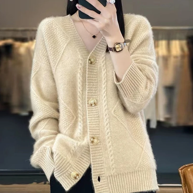 

Knitted Cardigans Casual Solid Loose Clothes Women V-Neck Long Sleeve Soft Cashmere Sweaters Jacket Autumn Winter 2023 New 28607