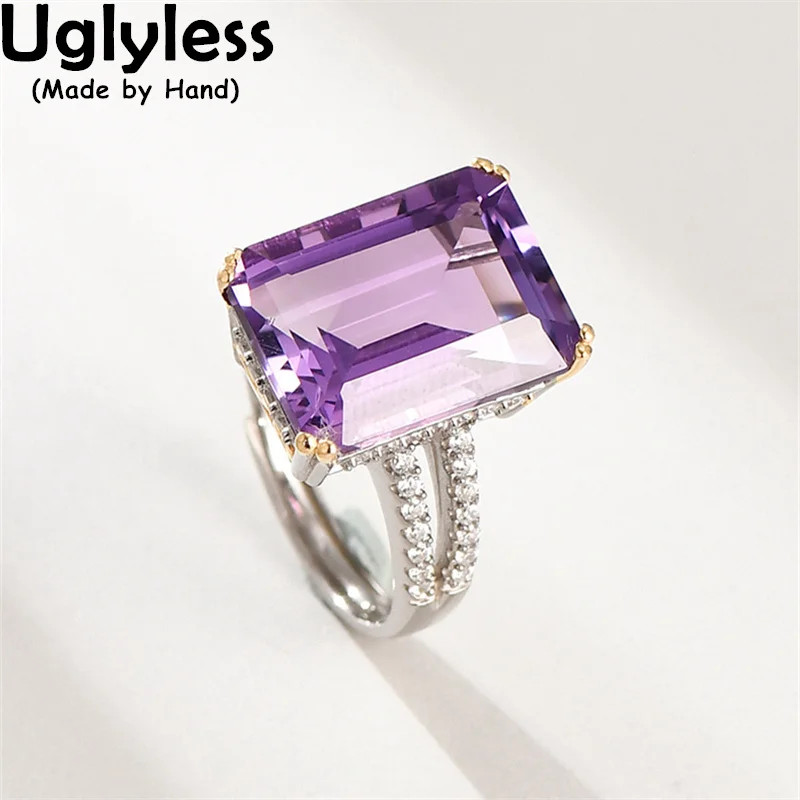 

Uglyless Brazil Import Clean Amethyst Citrine Rings Women Natural Purple Yellow Crystals Ring Rectangle Square Quartz 925 Silver