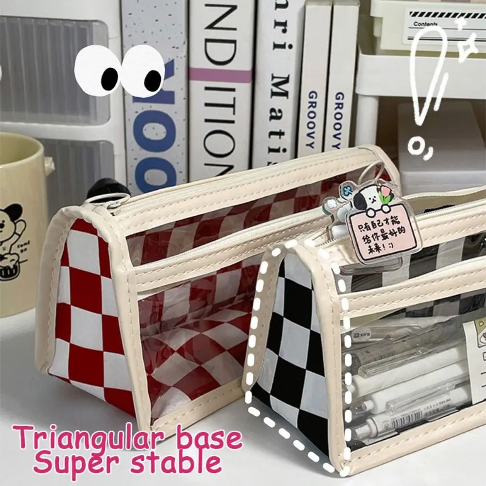 

Waterproof Checkerboard Pattern Pen Case Transparent High Capacity Kids' Pencil Cases Kawai Creative Lattice Pencil Bag