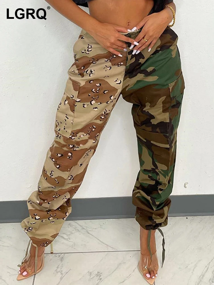 

LGRQ 2023 Autumn New Fashion Women's Camouflage Pants High Waist Patchwork Contrast Color Straight Trousers Female Tide 19J2048