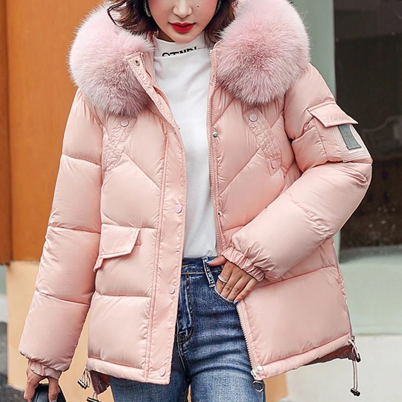 Women's Winter Jacket Students Solid Hooded Large Fur Parkas Drawstring Slim Fashion Warm Coat Female Snow Wear Outwear