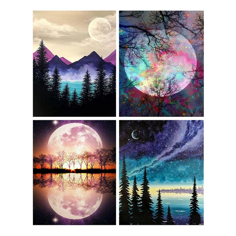 

4 Pcs Moonlight DIY Full Round Drill Diamond Painting Cross Stitch Craft Kits Art Home Wall Decoration Children Gifts