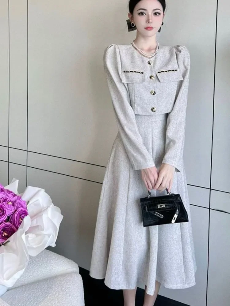 

2022 New Autumn Small Fragrance 2 Piece Set Women Short Coat Crop Top + High Waist Skirt Sets Korean Fashion OL Two Piece Suits
