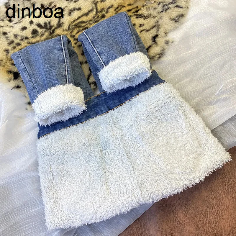 

Женские теплые кашемировые джинсы Y2k, зимние плотные синие узкие джинсовые брюки в Корейском стиле, повседневные эластичные бархатные штаны с высокой талией