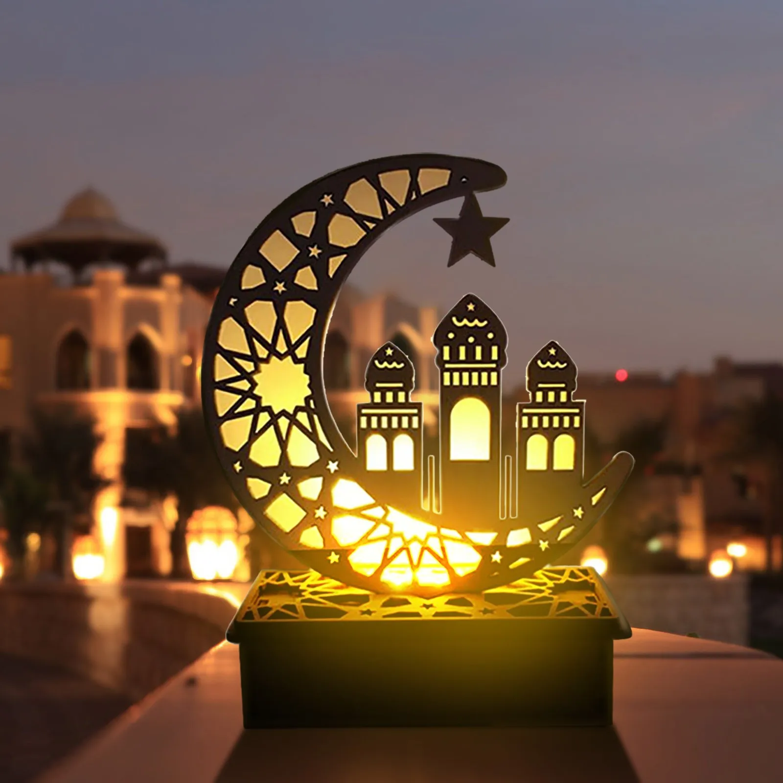 

Wood LED Moon Eid Mubarak Decorations Hollow out letters Hajj Mubarak Ramadan Kareem Decorations For Home Eid Al-Fitr Light