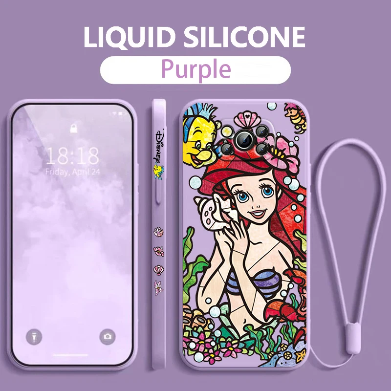 

Disney Princess little Mermaid Xiaomi Poco Phone Case For X4 X3 F4 F3 NFC M5 M4 M3 GT S Pro 4G 5G Liquid Left Rope Cover