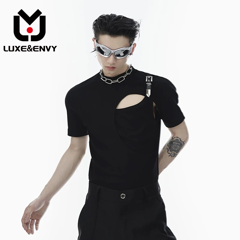

Роскошные & ENVY мужские футболки, двухслойная нишевая дизайнерская облегающая модная футболка с коротким рукавом и украшением, индивидуальный лоскутный Топ