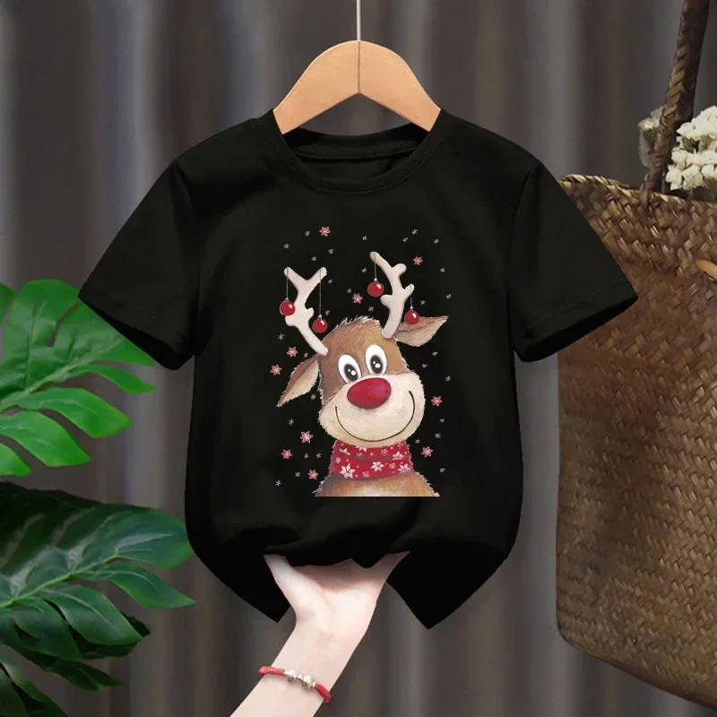 Christmas Santa Elk Short-sleeved Children's Round Neck T-shirt Casual Cartoon Red Men's and Women's Tops Harajuku
