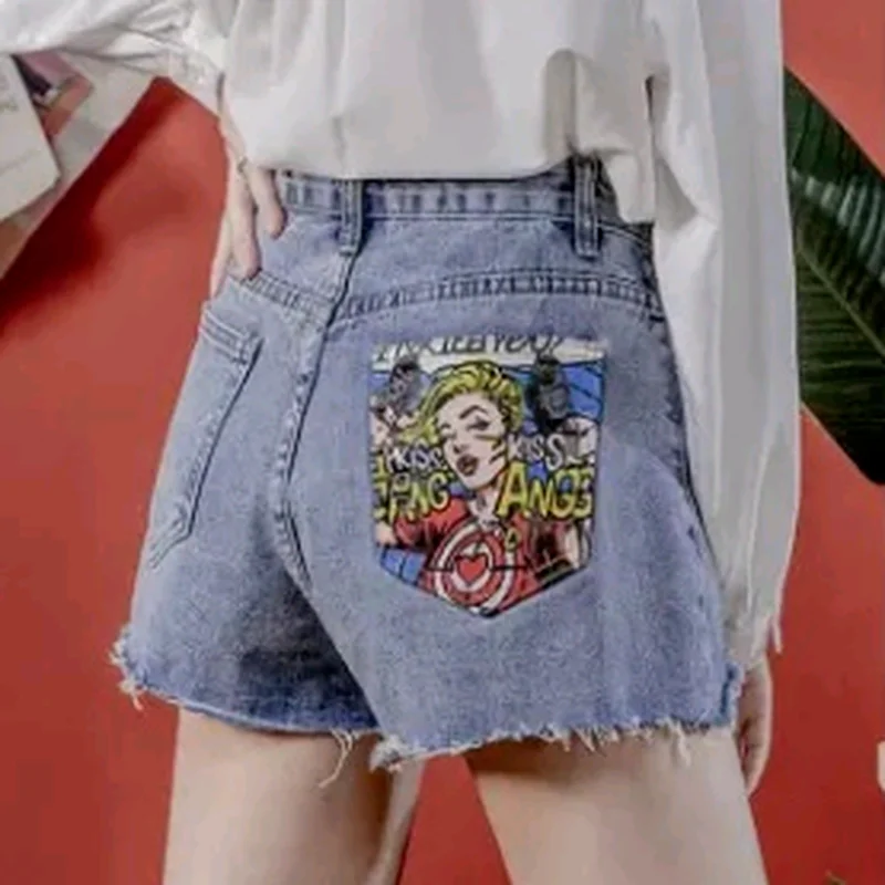 Street Clothing Cartoon Portrait Pocket Print Asymmetric High Waist Shorts Jeans 2021 Fashion Summer Korean Denim Shorts Ladies
