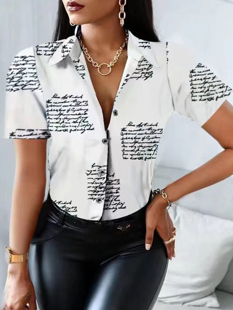 Женские блузки с коротким рукавом повседневные офисные рубашки принтом летняя