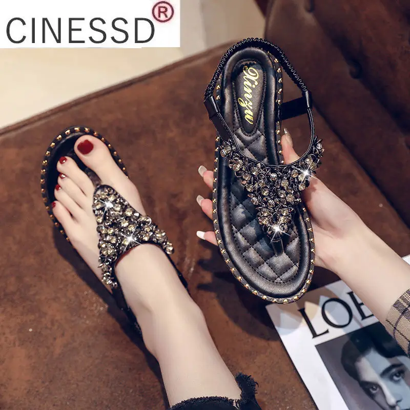 

2022 summer new sexy plus size thong rhinestone women's sandals boho flat rhinestone Roman leather sandals