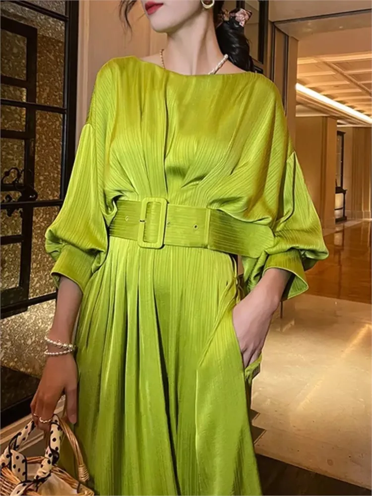 Women's Long-Sleeved Dress 2023 New Crewneck Lantern Sleeve Belt Pleated Green Dress Free Shipping