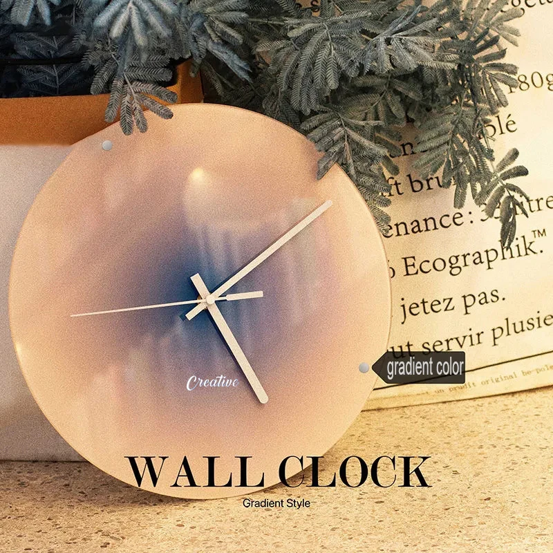 

Gradient Blue Nordic Glass Wall Clock Silent Sunset Simple Timepiece Punch-free Desktop Place Wall Hanging Ornament Home Decor