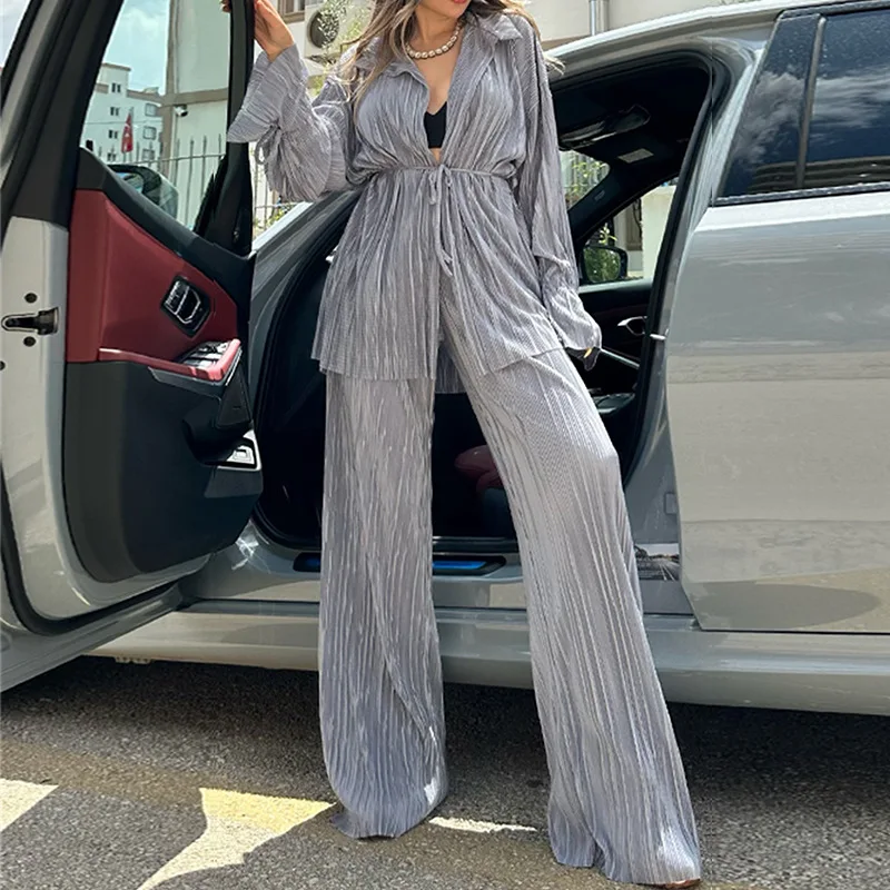 

Women's Style Two Piece Set 2023 Autumn New Fashion Flare Sleeves Waist Pullover Top Wide Leg Pants 2 Piece Sets Womens Outfits