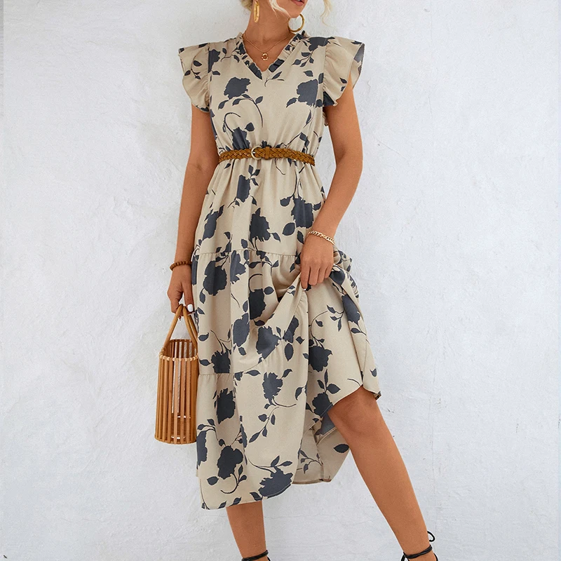 

Summer Elegant Fashion Floral Print Dress Women Dress 2023 New High Waist V Neck Irregular Ruffle Sleeve Hem A-line Midi Dress