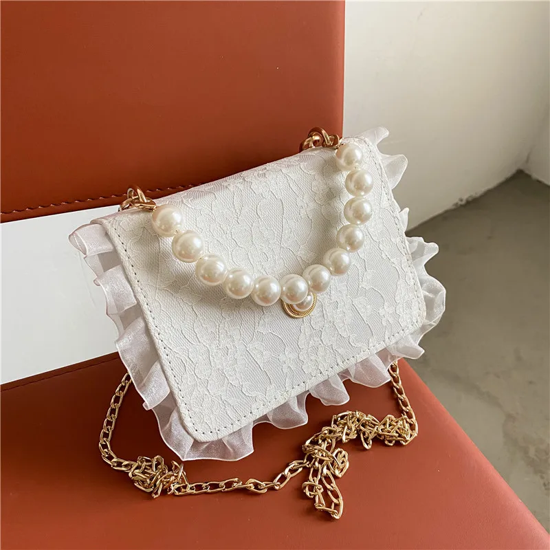 

Vintage Lace Women Elegant Shoulder Bags Retro Pearl Handle Ladies Crossbody Bag Female Chain Flap Square Purses and Handbags
