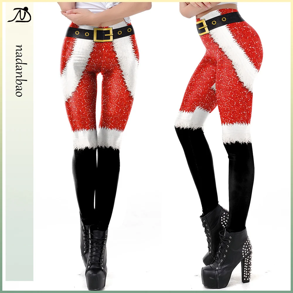 

Пикантные рождественские леггинсы Nadanbao с цифровой печатью, женские эластичные колготки, забавные брюки, женские красные праздничные длинные брюки