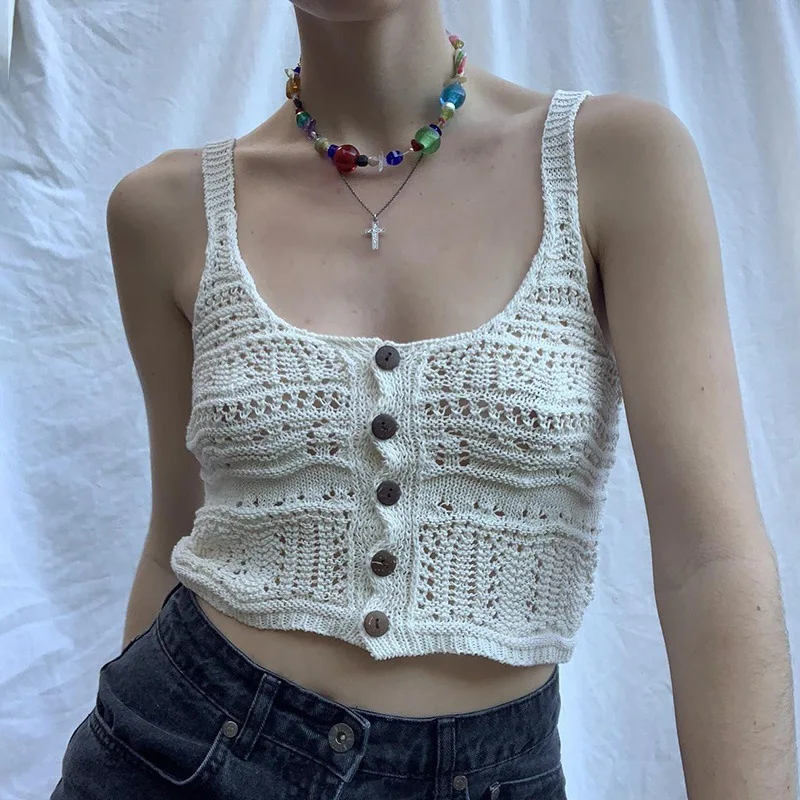 

Кроп-Топ женский белый вязаный крючком, пикантная майка с вырезами, уличная одежда 90-х, Y2k