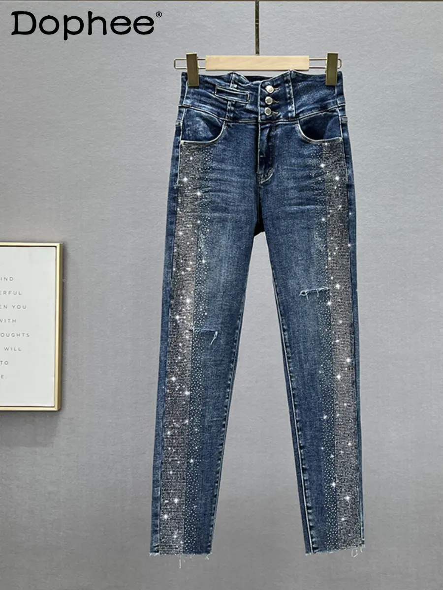 

Streetwear Blue High Waist Jeans Women 2022 New Autumn Winter Elastic Slim Fit Hot Rhinestone Ripped Denim Trousers Pencil Pants