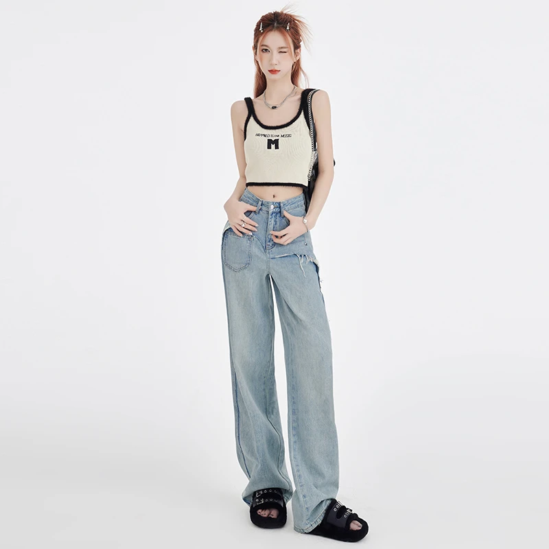 Jeans Women 2023 Summer Baby blue Pants High Street New High Waist Loose Straight Floor Pants Versatile Show Tall and Slim