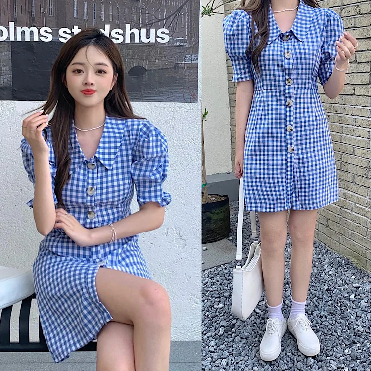 

COIGARSAM Women's Summer Dress 2022 Vintage Turn-down Collar Blue Black White Plaid Dresses Dropshipping