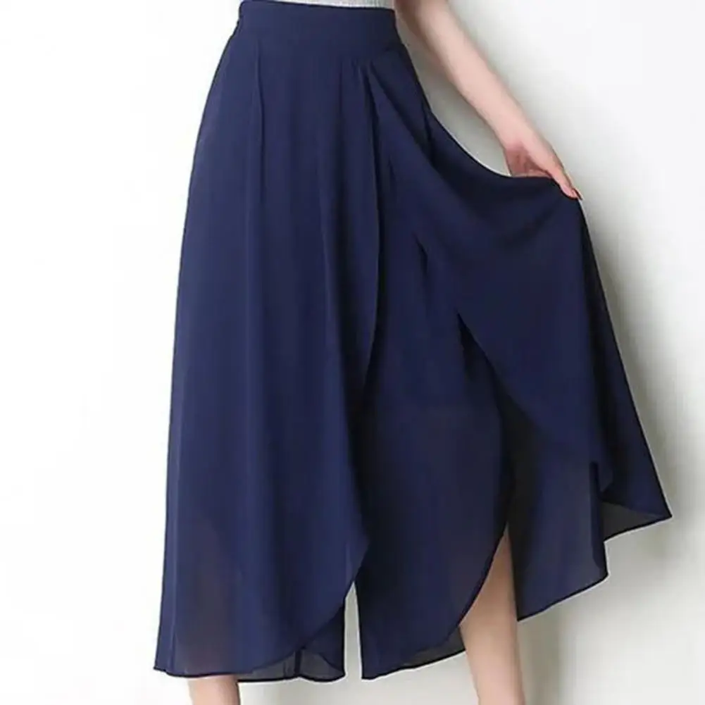 

Lady Elastic Waist Trousers Loose Wide-leg Chiffon Skirt Pants Stylish Mid-calf Cropped Pants for Women with High Elastic Waist