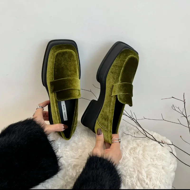 Autumn New Thick-soled Heightened Square-toe Velvet Women's Shoes Lightweight High-end Retro Green Loafers Pumps  Talon Femme