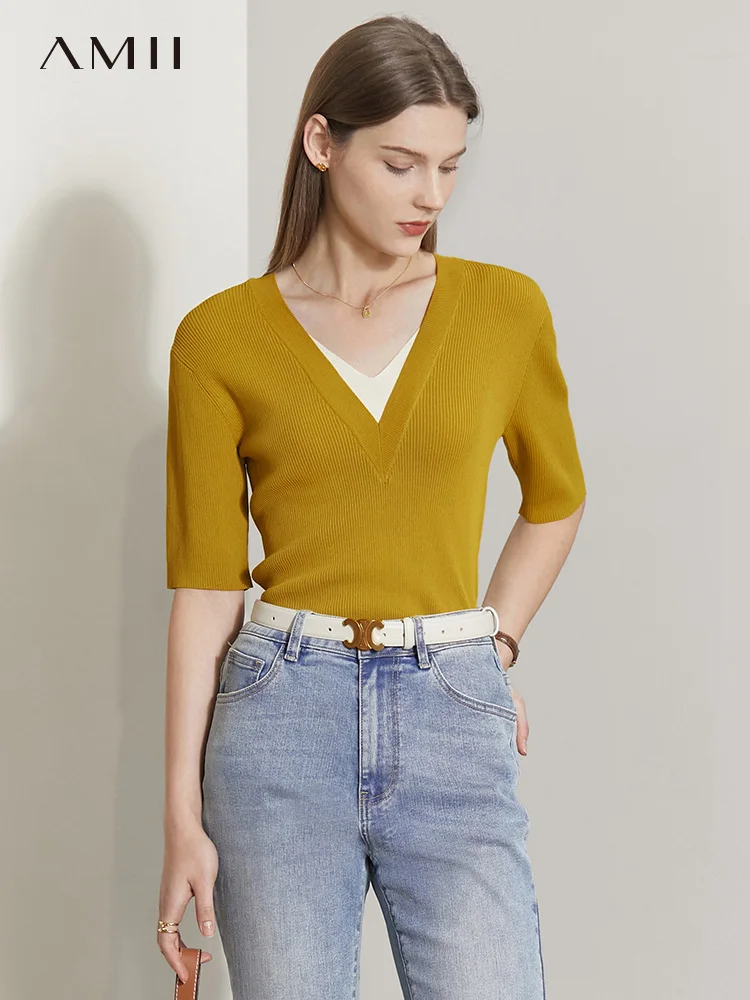 

Amii Minimalist Spring Women Knitted Tops Fashion V Neck Pullover Half Sleeve Slim Thin Ladies Sweater Female Tops 12230079